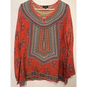 Tolani 100% Silk Tunic Top Medium Red Boho Paisley Long Sleeve India